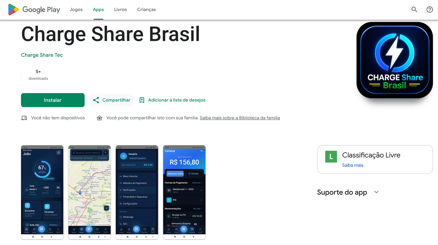Charge Share Brasil na Google Play — mapa, sessão de recarga, perfil e carteira digital