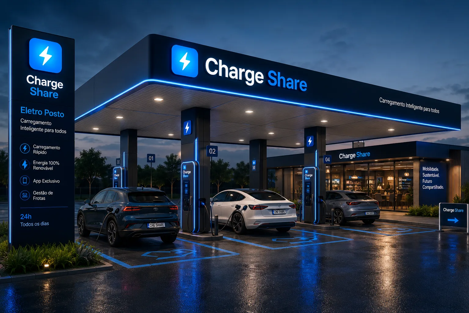 Eletroposto ChargeShare com carregador instalado e veículo elétrico em recarga