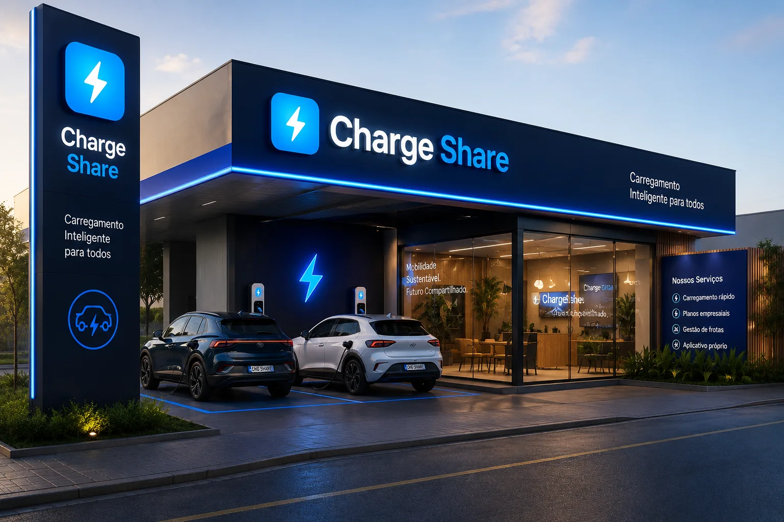 Estação ChargeShare — modelo de franquia com lounge, carregadores e identidade visual premium